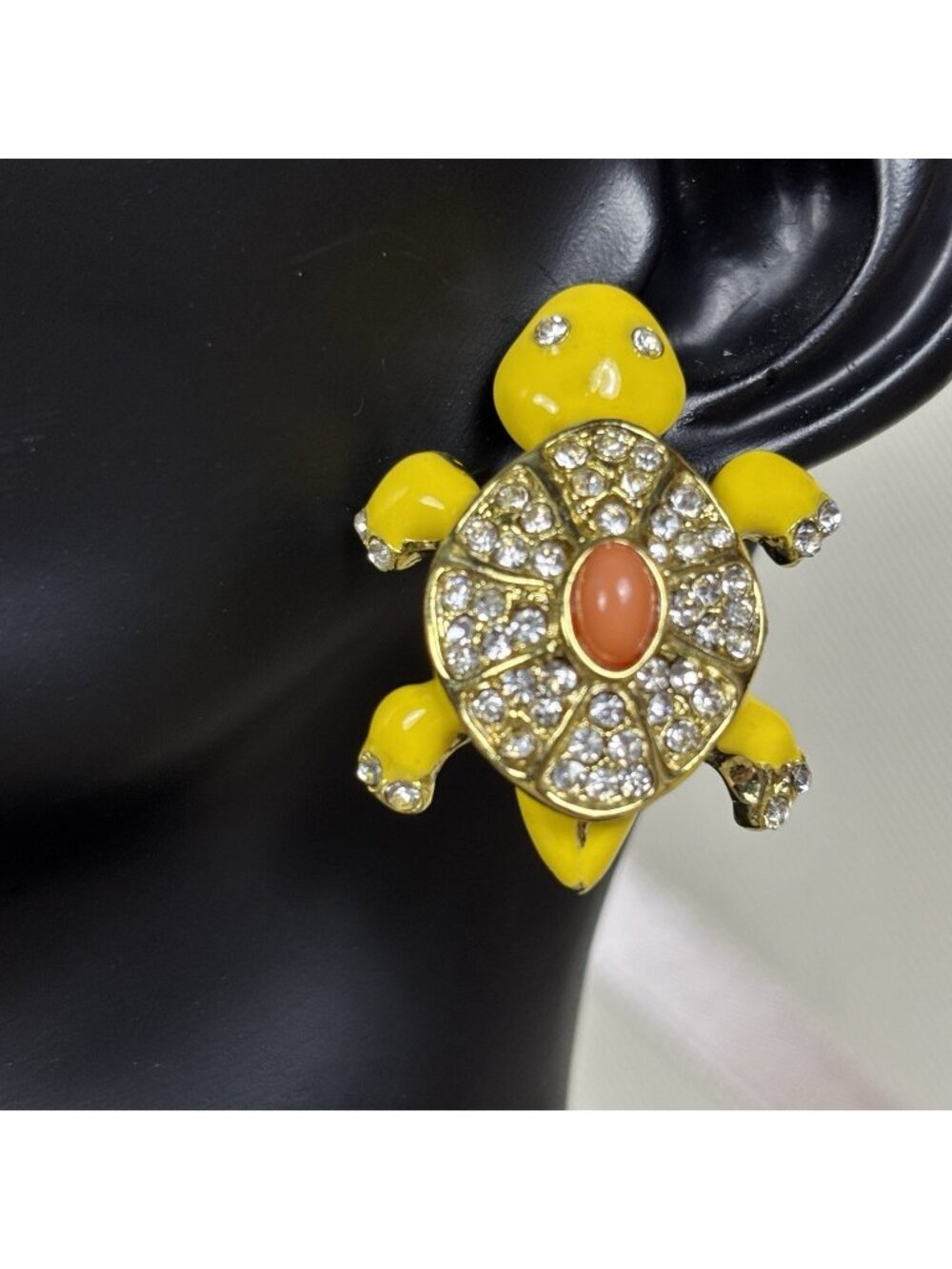 Vintage Turtle Stud Earrings Yellow Enamel Rhinestone Jewelry Orange Cab A40